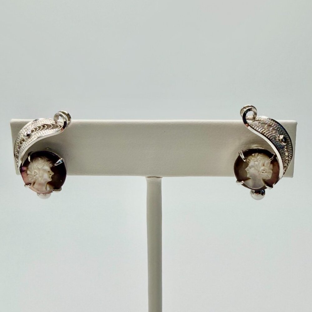 Vintage Sterling Silver Cameo Screw-Back Clip-On Earrings